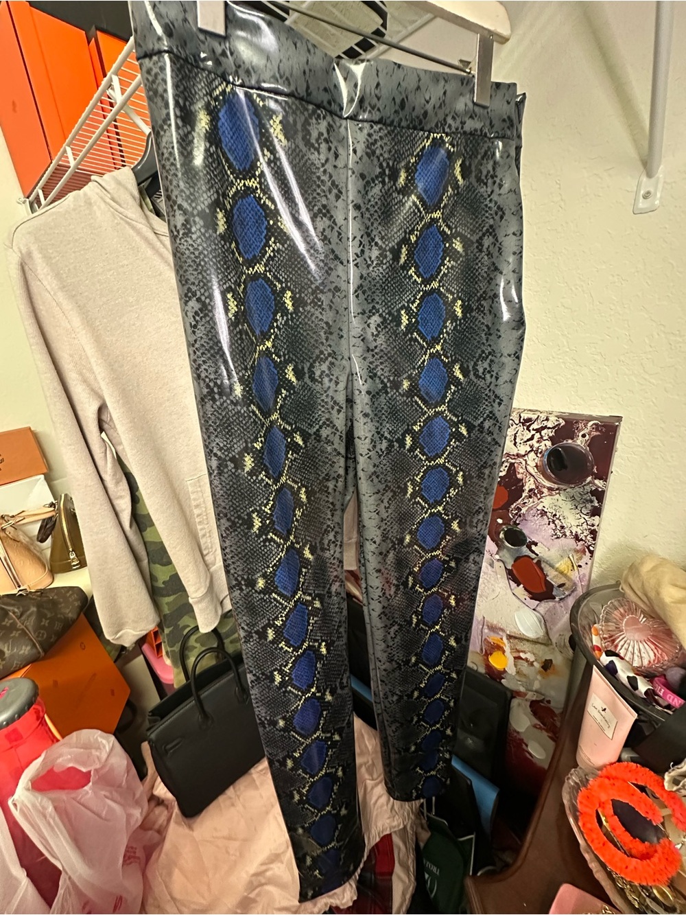 Versace Blue and Black Snake Print Leather Pants